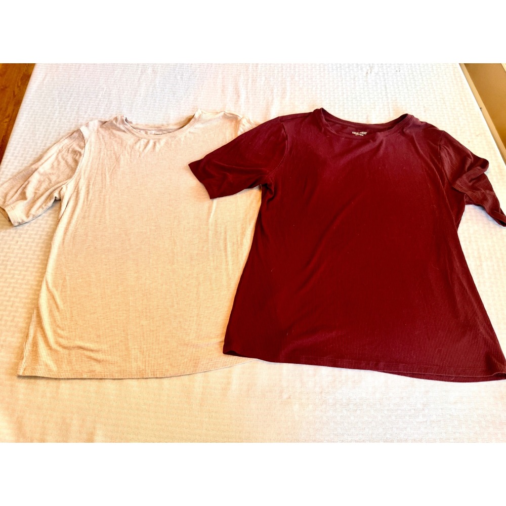 Nine West Soft Spun Ribbed Knit Shirts XXL Burgundy Beige 2 Pack Short Sleeve